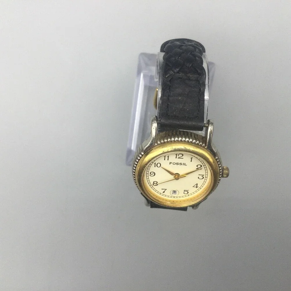 Vtg Fossil Women Watch 27mm Two Tone Braided Black Leather Date New Battery